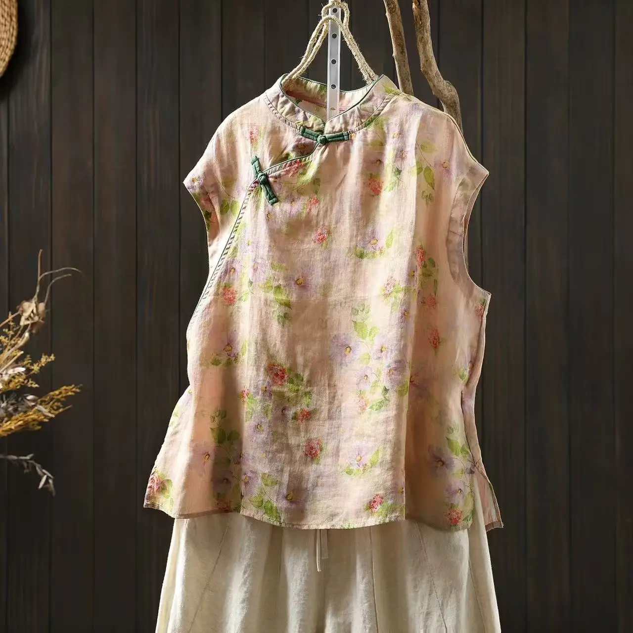 100% Women's Ramie Printed Shirts and Blouse Chinese Style Floral Print Qipao Collar Frog Button Casual Summer Tank Top