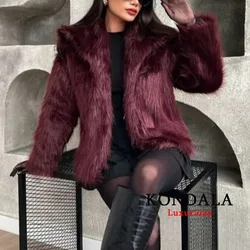 KONDALA Solid Claret Faux Fur Jackets Women Coats Thick Warm Soft Cropped Jakcets Vintage 2025 Long Sleeve Winter Coat Outwears