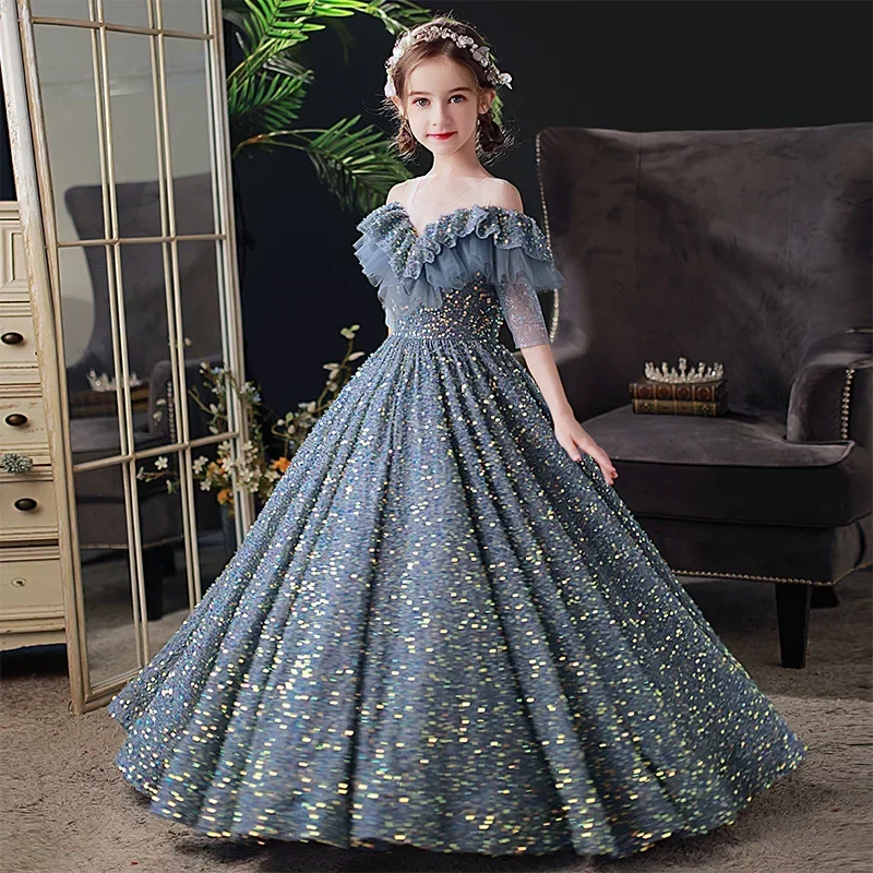 

Teen Girls Very Elegant Sequin Dress Little Girls Puffy Long Prom Ball Gown Model Show Banquet Pageant Dresses Sexy Shiny Dress