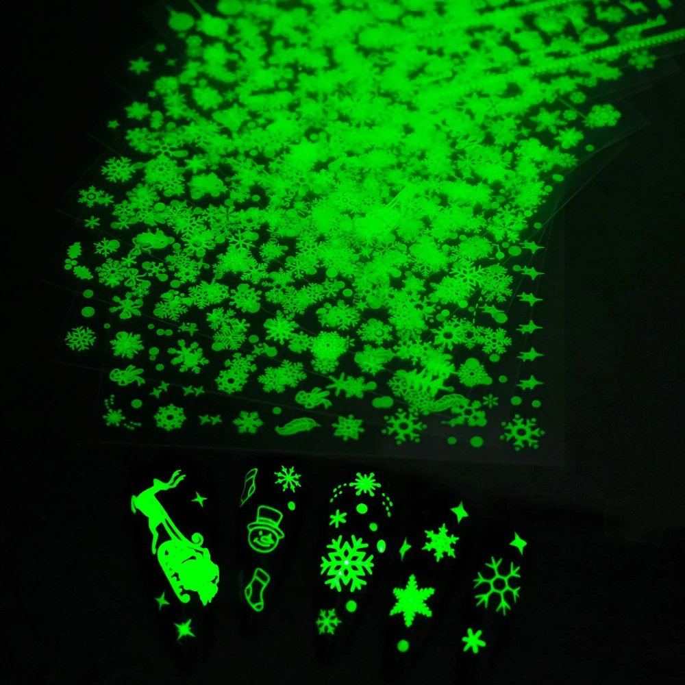 12 Uds. Pegatinas navideñas para uñas que brillan en la oscuridad, deslizadores de globos de alce y copo de nieve de invierno, calcomanías luminosas de Año Nuevo con dibujos animados bonitos *
