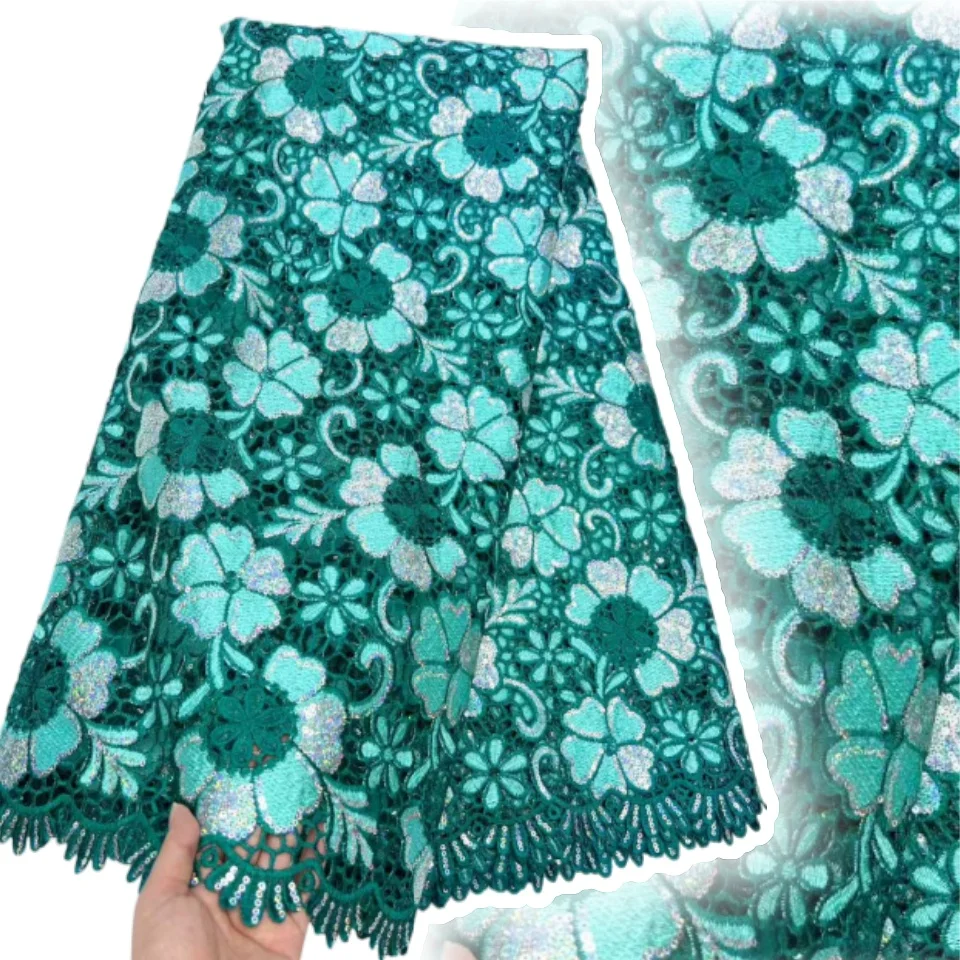 

5 Yards Green African Lace Fabric High Quality Guipure Cord Lace Wedding Dresses Nigerian Water Soluble Sequins Sewing AH1473