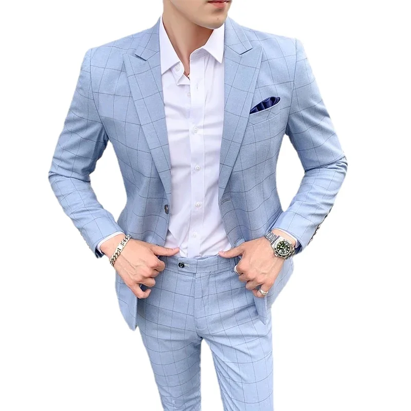 Men Suit Wedding Groom Custom Plaid Coat Slim Blazer Trousers Outfit Male Grid Jacket Pants Suit fashion High-end two-piece set