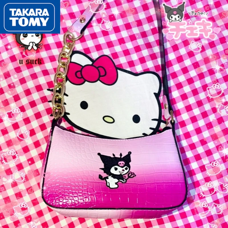 

TAKARA TOMY Embroidered Hello Kitty Ladies PU Crocodile Gradient Gradient Pink White Underarm Bag Girls Sweet Shoulder Bag