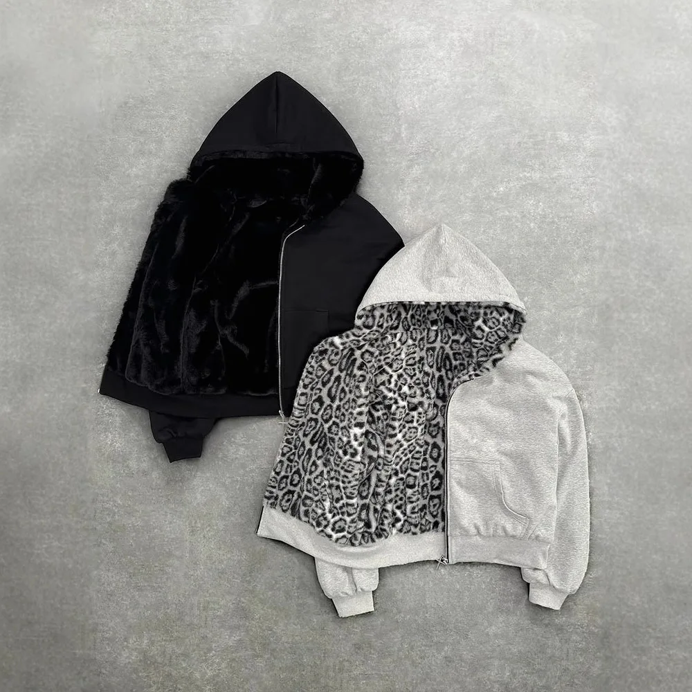 Autumn Winter Retro Fashion Leopard Print Two Sides Wear Loose Zip Up Hoodie Women High Street Punk Oversized Sweatshirts Y2k