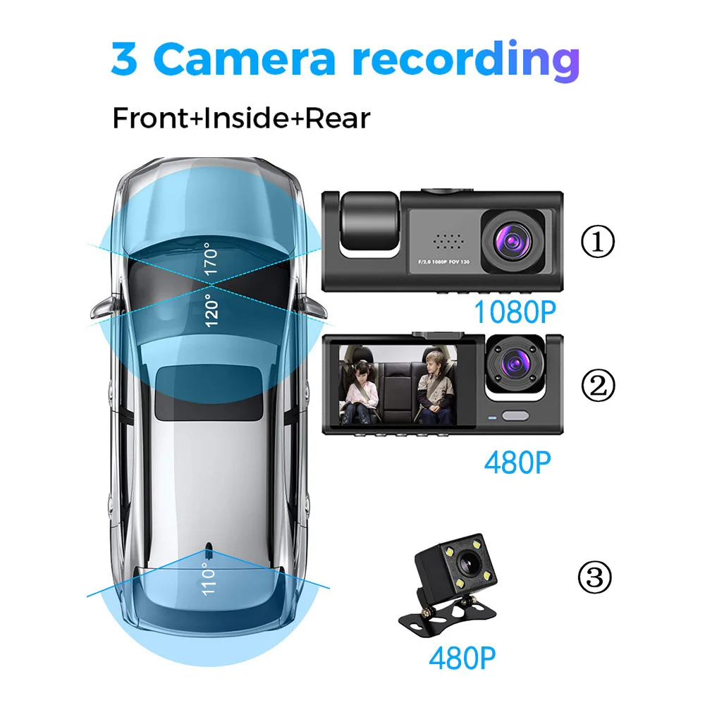 3 Channels 1080P HD Dash Camera Loop Recording WIFI Car Vehicle DVR Video Recorder Dashcam Night Vision Parking Monitor G-sensor