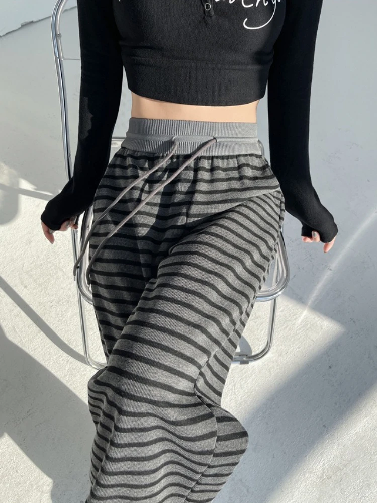 Y2K Pantaloni a gamba larga a righe nere Nuovo autunno a vita alta con coulisse in maglia Pantaloni da passeggio casual larghi Pantaloni lunghi fino al pavimento Streetwear