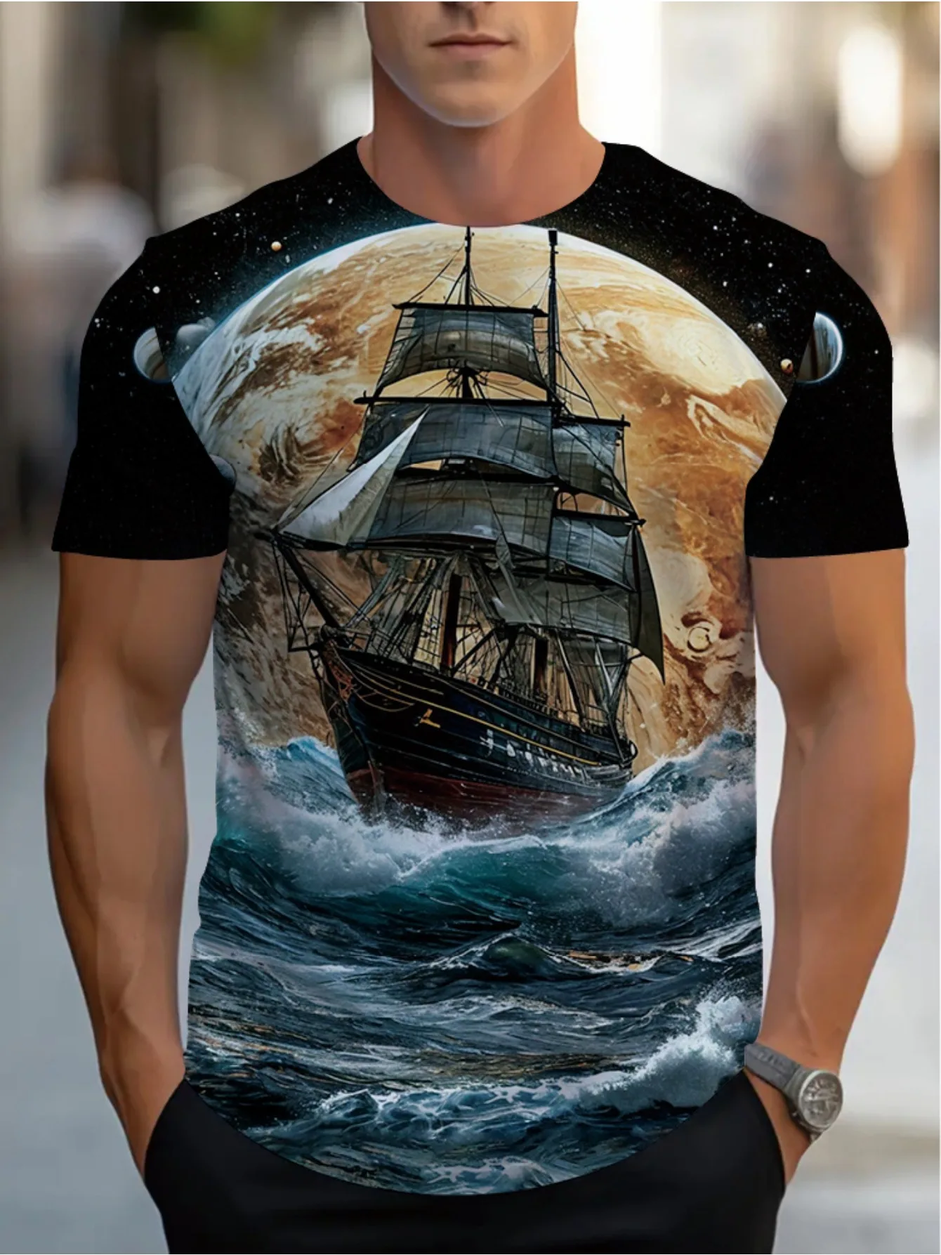 Hot selling men's 3D sailboat moonlight ocean summer T-shirt, children's T-shirt, men's and women's T-shirt