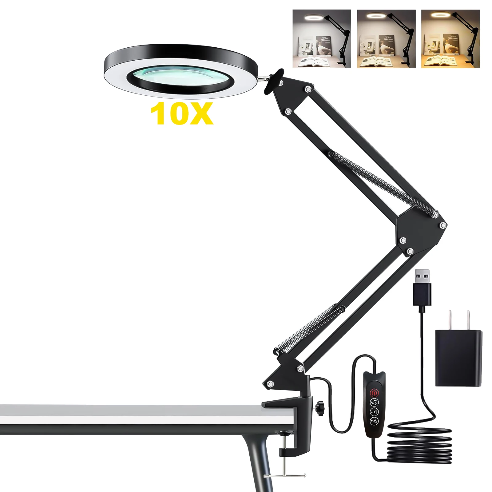 

10x Magnifier Glass Adjustable Clamp-on Table Lamp 3 Level Illuminated LED Desk Light for Repair Design Diamond Painting Reading