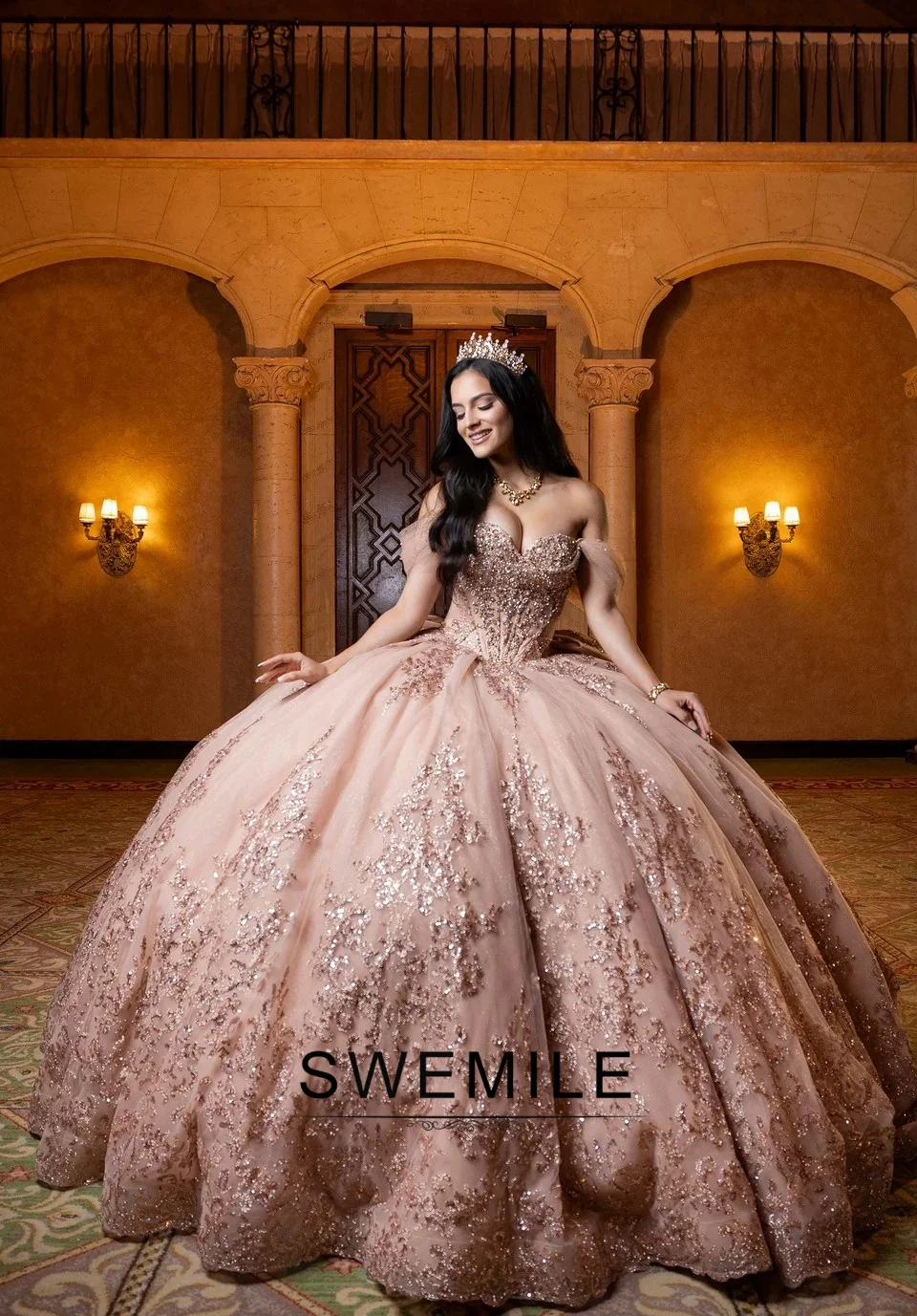brown 15 dresses SWEMILE Glitter Beads Quinceanera for Off the Shoulder Bow Lace up Vestidos De 15 Quinceañera 2026 Customized Tulle Fabric Color