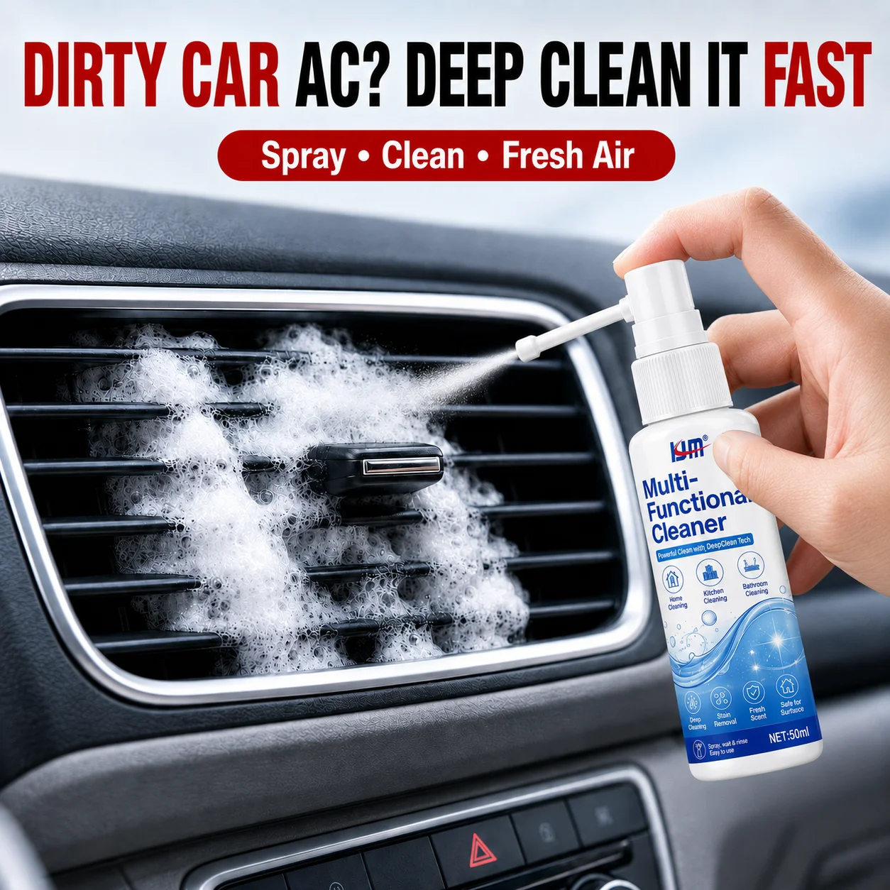 KJM Multi Purpose Cleaner Spray 50ml Washing Machine Car AC Air Vent Fan Bathroom Kitchen Grease Stain Remover
