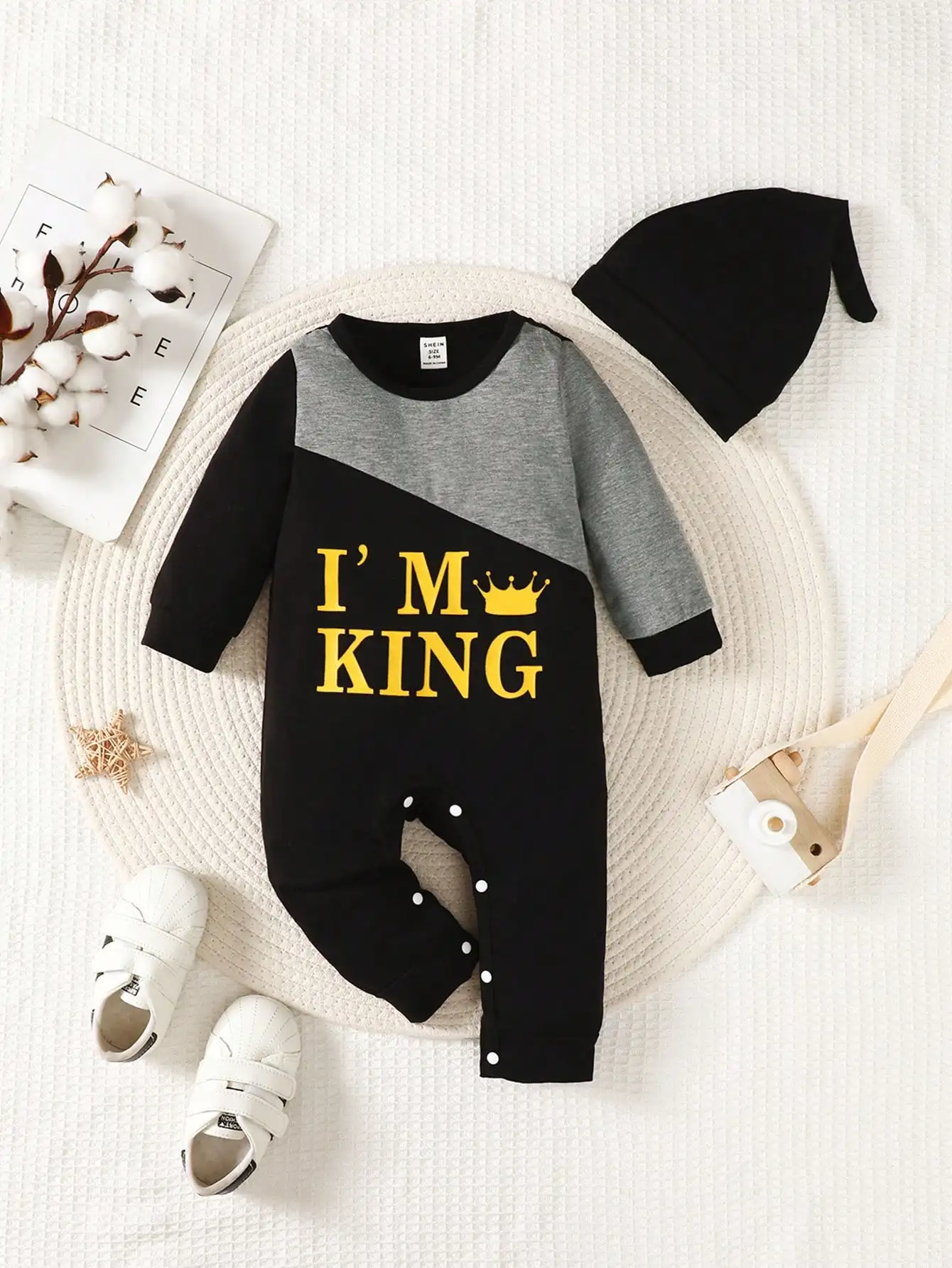 3-24M Baby Boy Soft And Comfortable I Am King Pattern Splicing Long Sleeve Jumpsuit Spring And Autumn