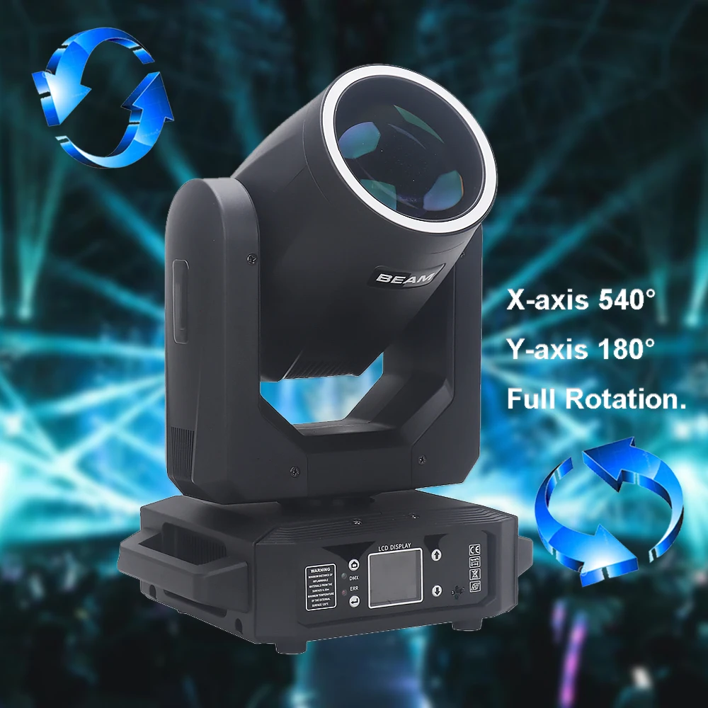 

Светодиодный сценический светильник RGB мощностью 200 Вт, 12 узоров, 8 цветов, 6 призм 540 ° Ось Х200 ° Усь Y DMX512 Звуковая активация для вечеринок DJ Club