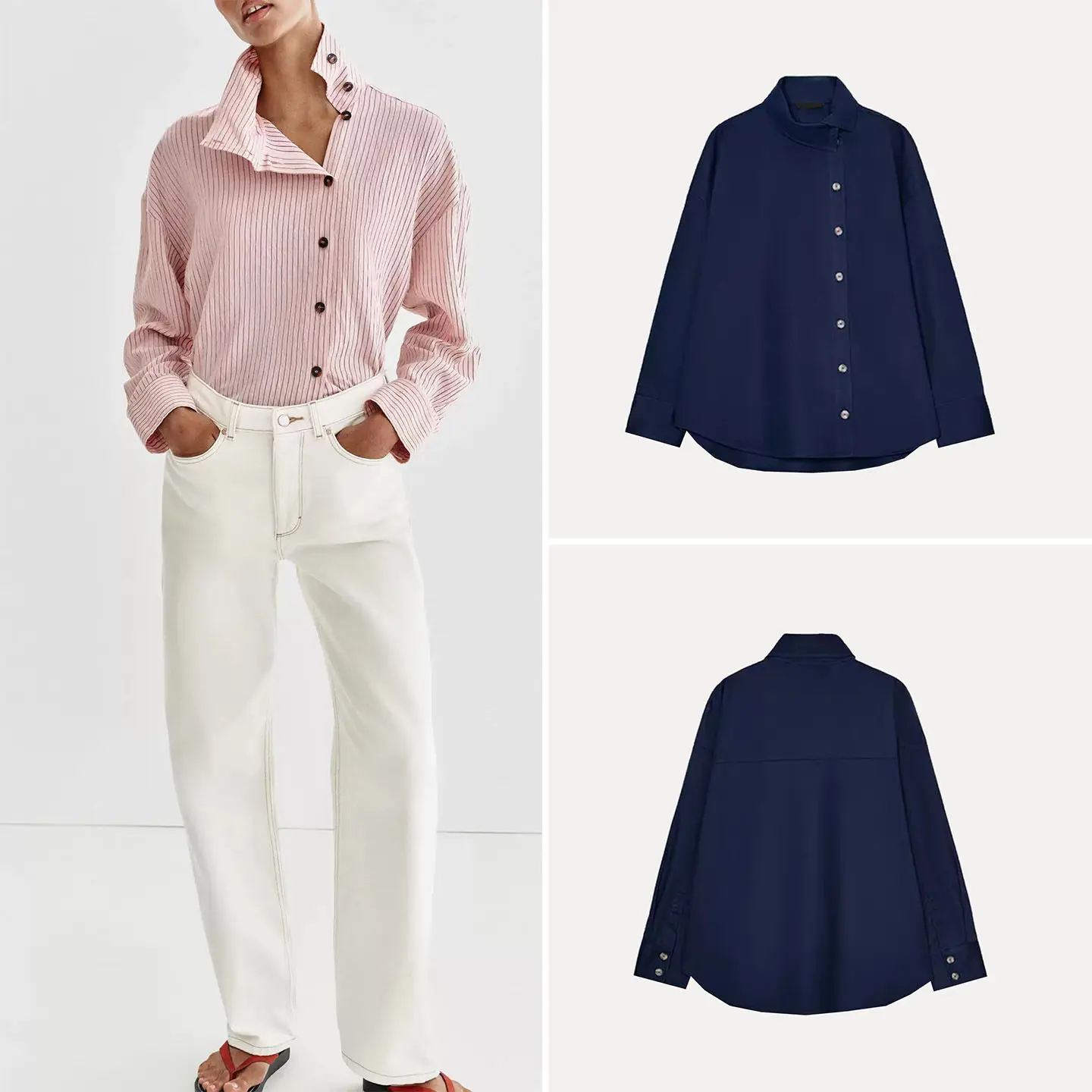 

Casual Striped Shirt Women's Long Sleeve High Collar Commute Casual Shirt ZADATA Brand Loose Fit Summer 2026 Youth Fashion