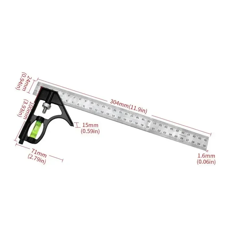 New 300mm Stainless Steel Angle Combination Square Ruler Horizontal Movable Carpenter Woodworking 45 Degree Right Level Moving