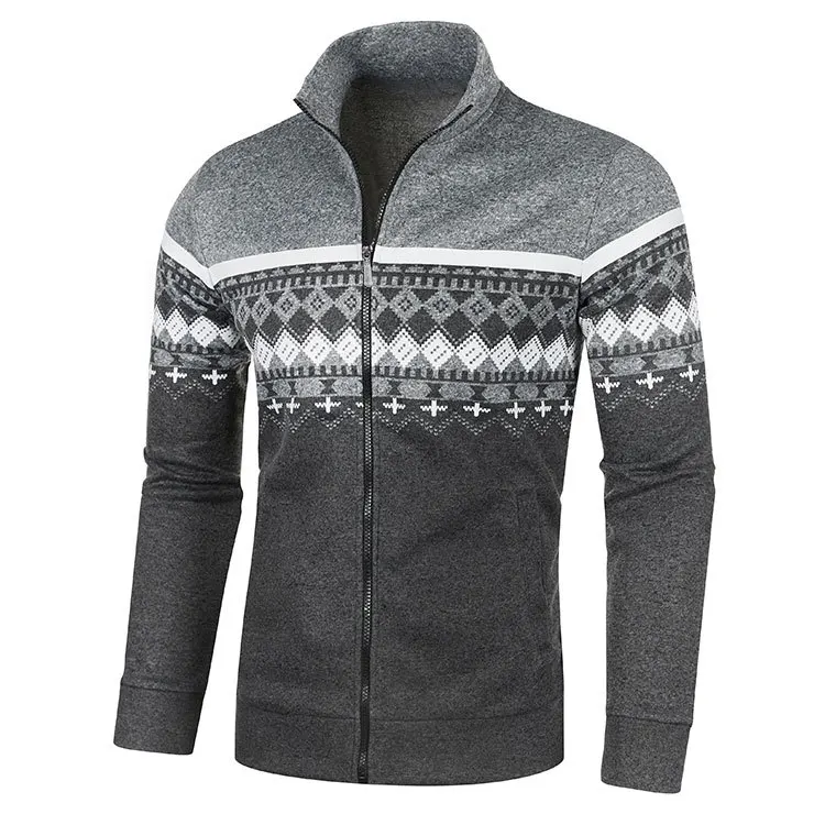 Men Fashion Casual Knitted Cardigan Zipper Warm Pullover Retro Jacquard Slim Collar Sweater Coat Street Men's Wear S-3XL