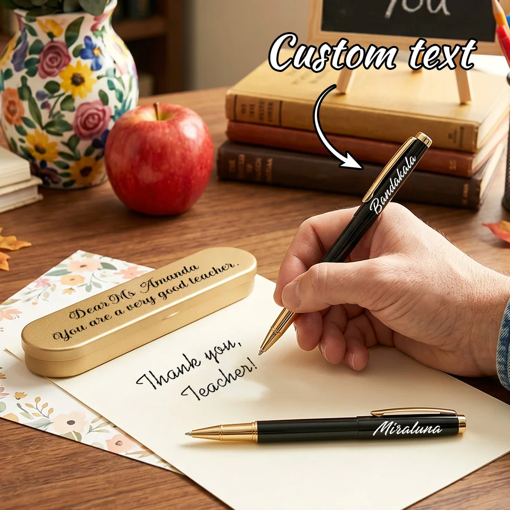 Personalized Engraved Ballpoint Pen, Custom Name Black Gold Pen with Gift Box, Teacher Appreciation Gift,