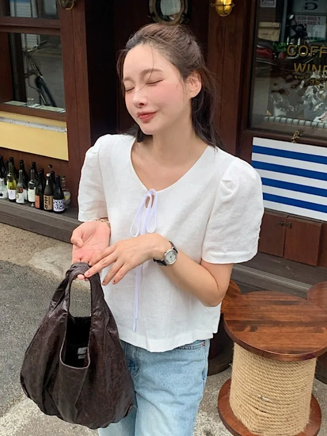 Csa Fena de Manga Curta com Manga Bufante Design Versátil Verão 2025 Csa Casual Faion Fena Top de Qualidade P...