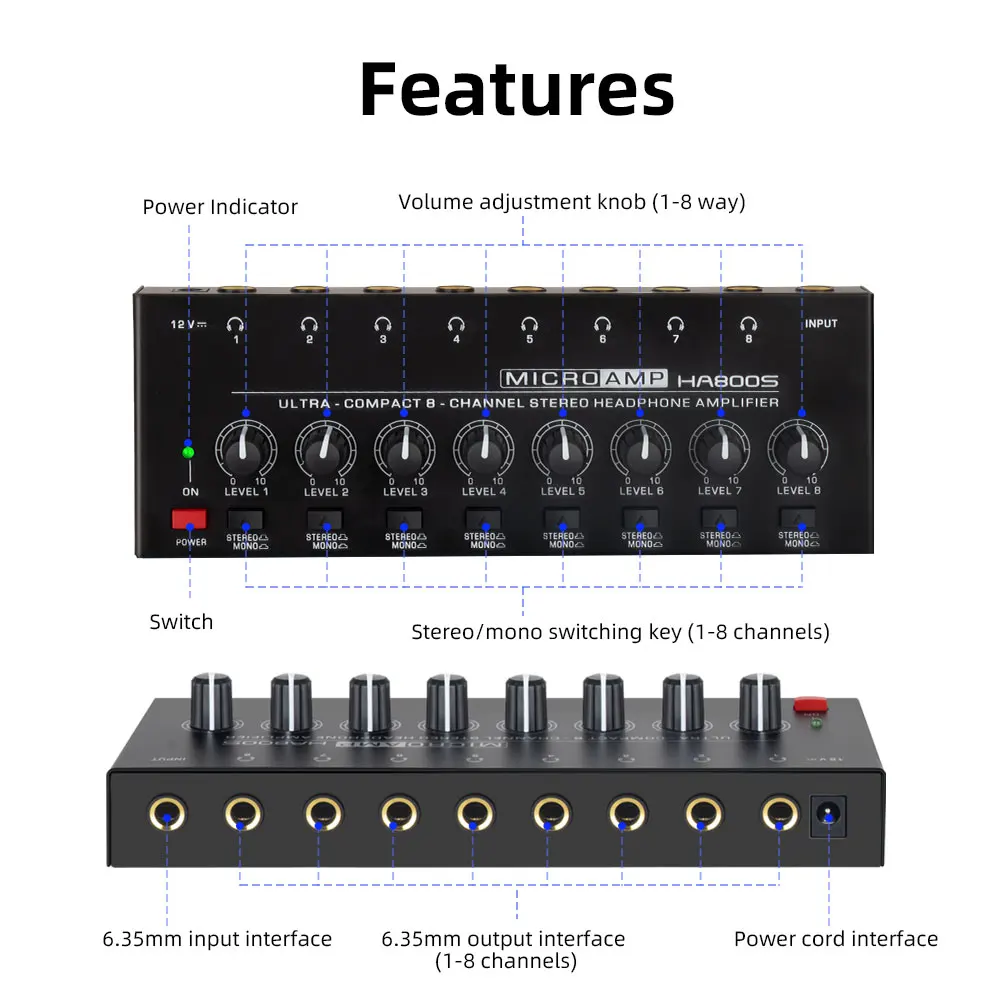 4 8 canali Amplificatore per cuffie stereo Amplificatore audio portatile a rumore ultra basso Splitter per auricolari con adattatore di alimentazione