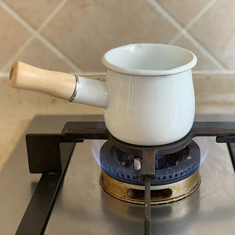 500ml Mini Enamel Coffee Milk Pot With Wooden Handle Saucepan Cookware For Baby Breakfast Oatmeal Cooking Gas Stove Induction