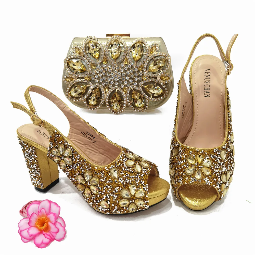 New Arrival Gold Color African Shoe and Bag Set for Party In Women Nigerian Women Wedding Shoes and Bag Set Italy Shoe and Bag