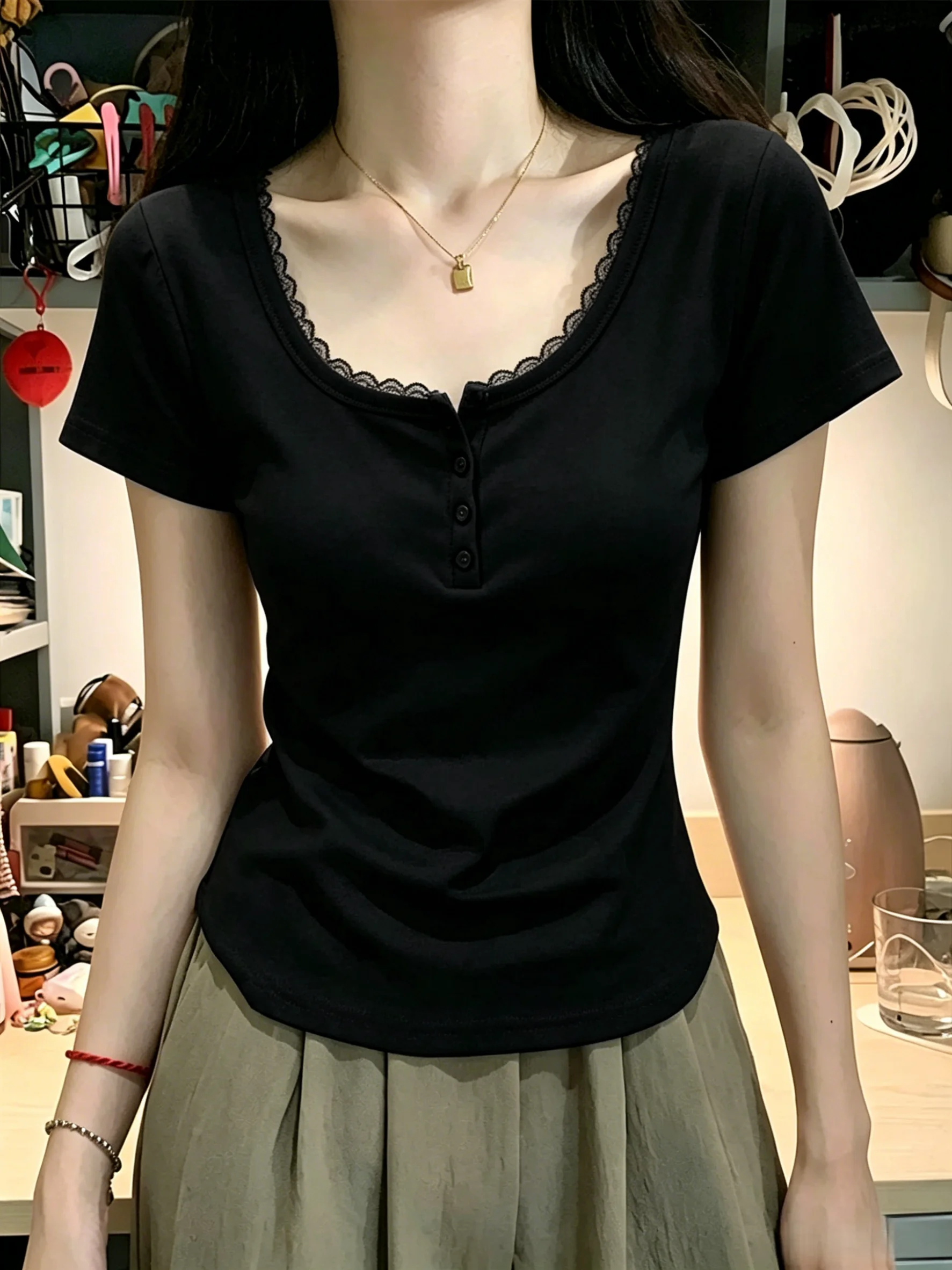 Summer Short Sleeve T-Shirt Women's Slim Fit Button up Lace Square Collar Cotton 95% Elastic Fiber 5% Casual Style New 2026