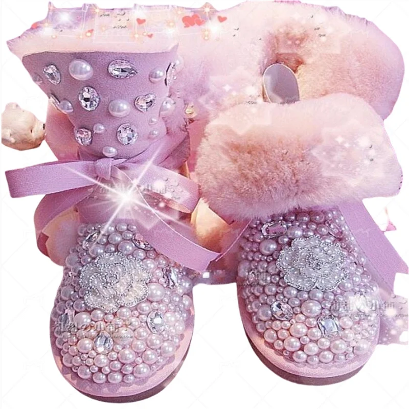 Handgemaakte op maat gemaakte roze parelbloem Diamond Accessoires Fur One Snowboots Plus size Party party katoenen damesschoenen 35-44