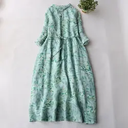 Spring And Summer 2023 Cotton And Linen Long-sleeved Dress Women's Lapel Print Temperament Waist Long Skirt