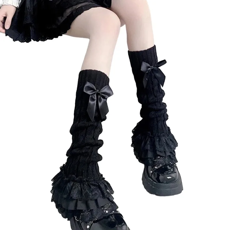 

Twist Cable Knit Leg Warmers Long Socks for Women Bowknot Tiered Ruffled Lace Hem Boot Cuffs Leg Covers Stockings