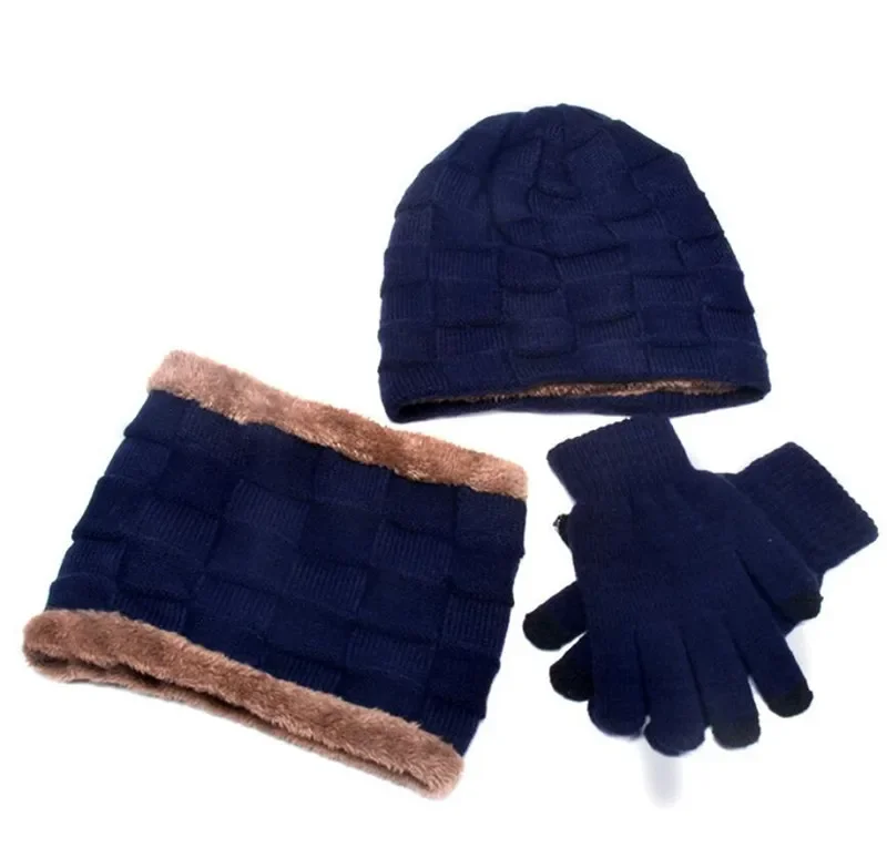 Winter Child Hat Scarf Gloves 3 Peice Set Kids Outdoor Warm Knitted Plush Cap Scarves And Touchscreen Gloves Boys Accessories