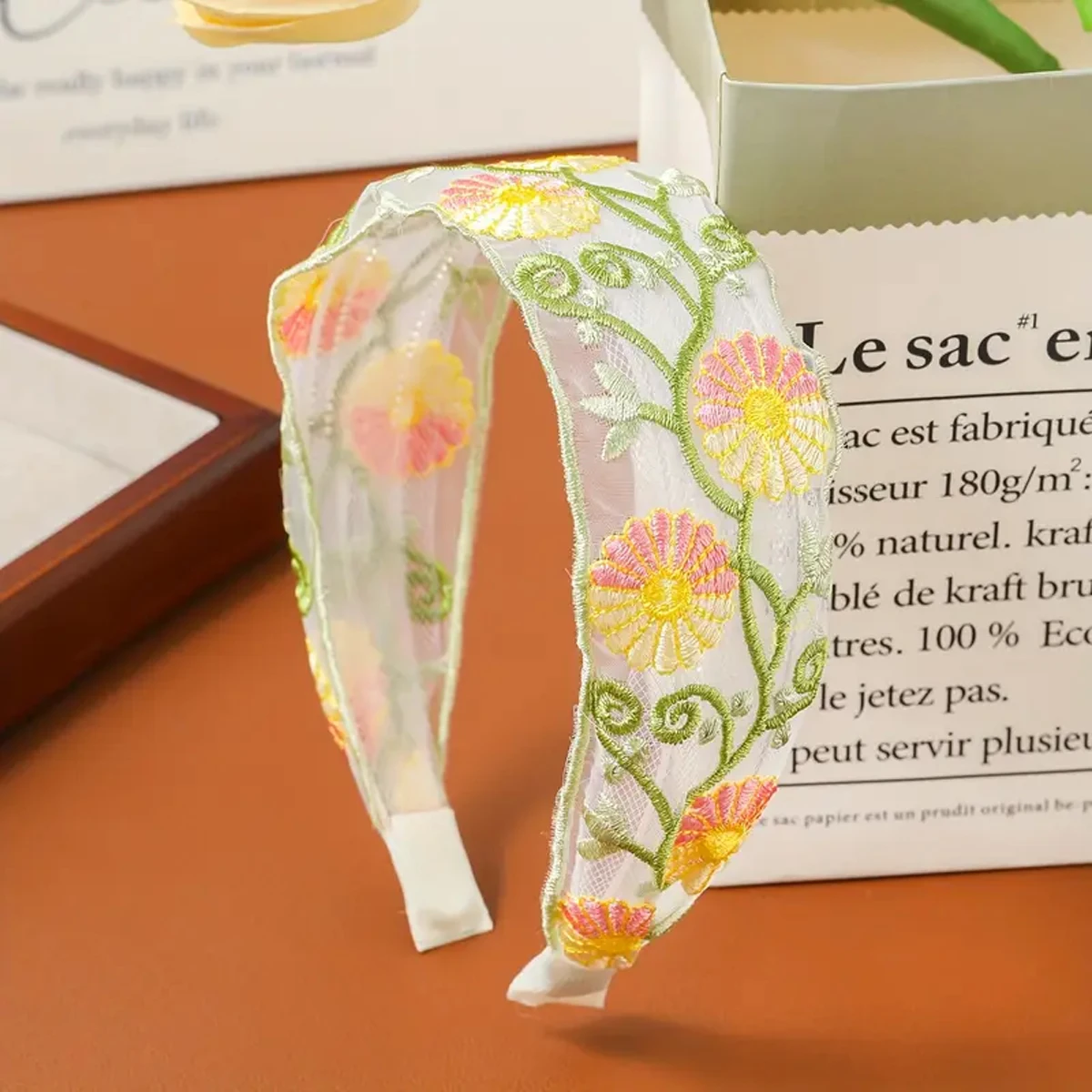 1pc Sommer Stickerei Blume Stirnband Mesh Ethnischen Stil Floral Stoff Breiten Rand Hohe Schädel Stirnband Süße Böhmischen Stil stirnband – Detail 6