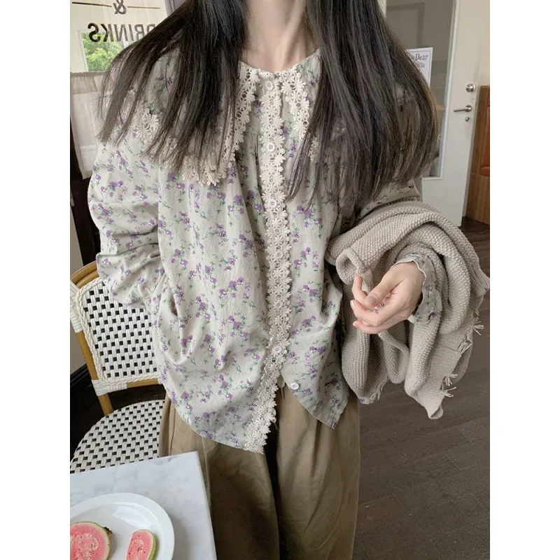 가을 새로운 한국어 패션 탑 여성의 달콤한 디자인 인형 칼라 꽃 셔츠 니트 조끼 두 조각 세트 여성 의류