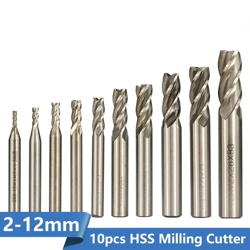 10pcs HSS Milling Cutter 2/3/4/5/6/7/8/9/10/12mm HSS End Mill for Wood Metal CNC Machine Milling Tool Cutter Router Bit