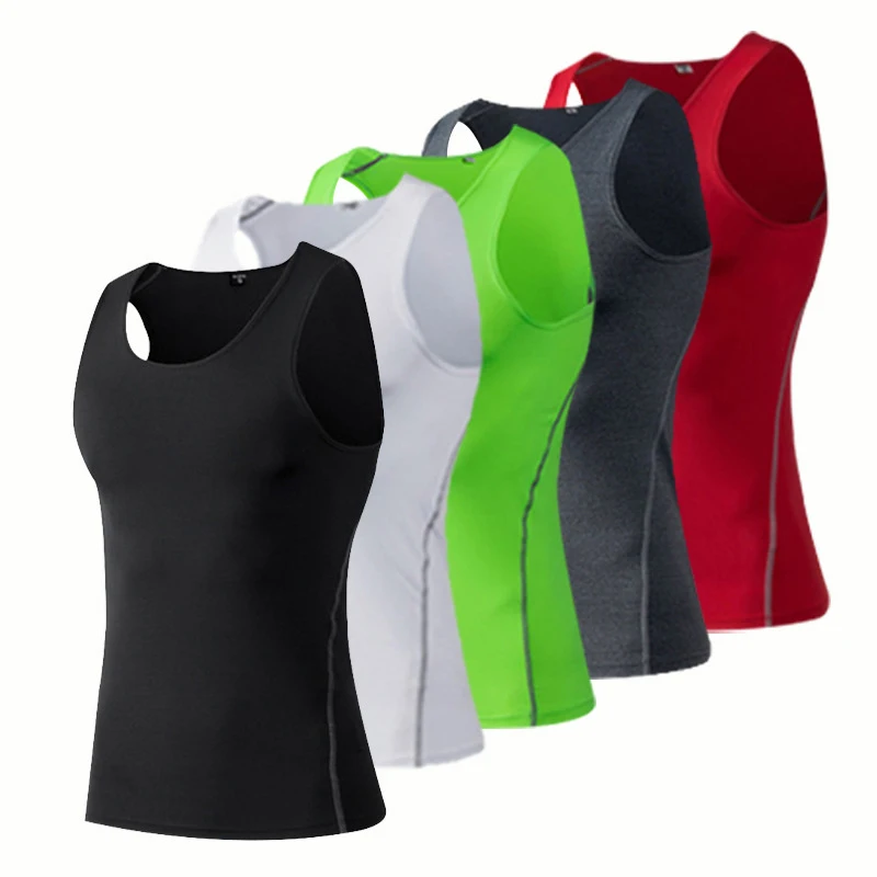 Men Sport Fitness Tees Vest Solid Color Summer Gym Tank Tops Vest Tunic T-Shirt Workout Compression Base Stretch Sports