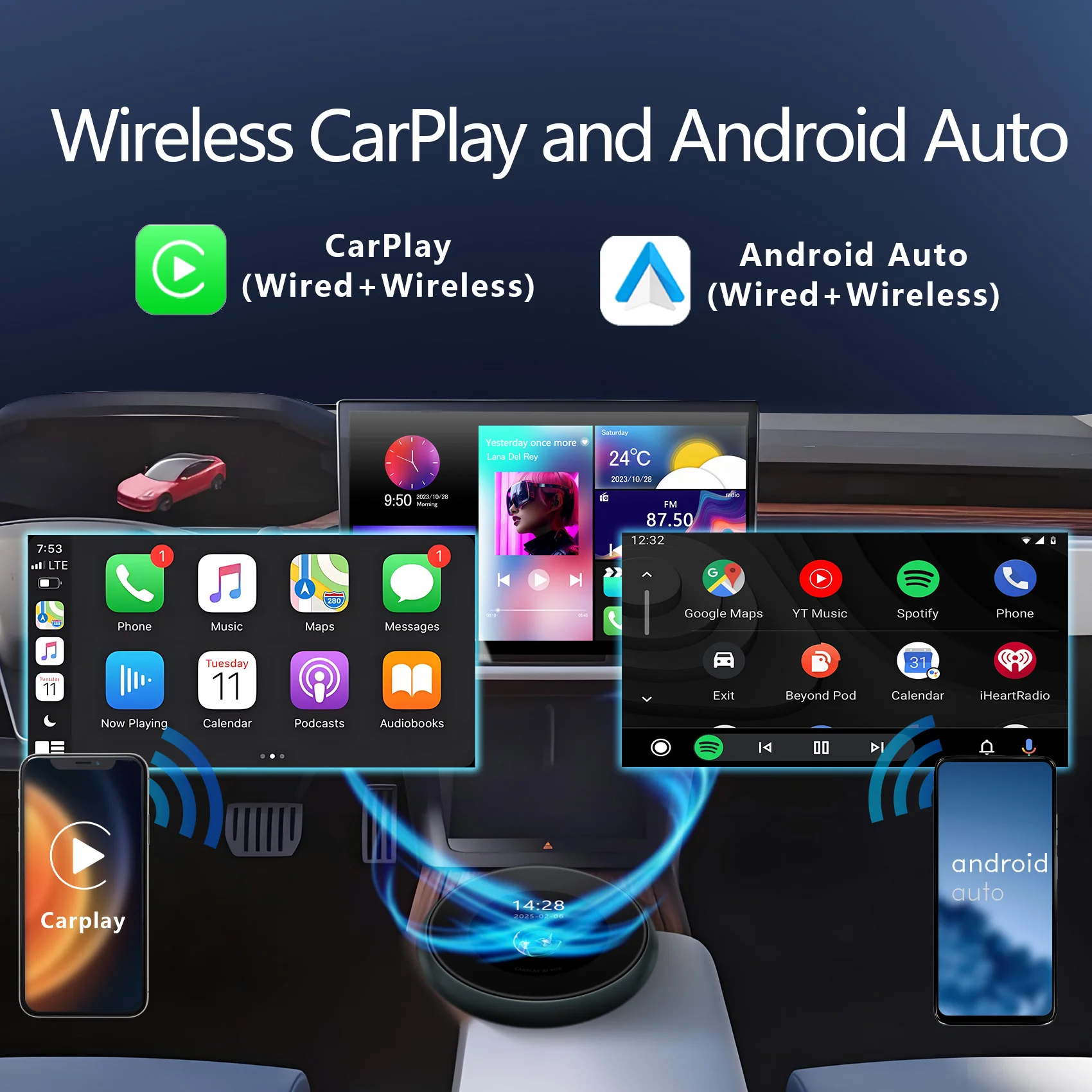 Alfombra inalámbrica de Android Smart Box y caja elegante del coche de Android 8+128GB 8+256GB