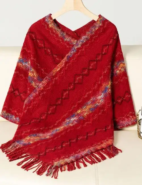 Women's Sweater 2025 Fashion Drizzle Autumn and Winter New Women's Clothing Colorful Striped Knitted Tassel Cloak Shawl Sweater