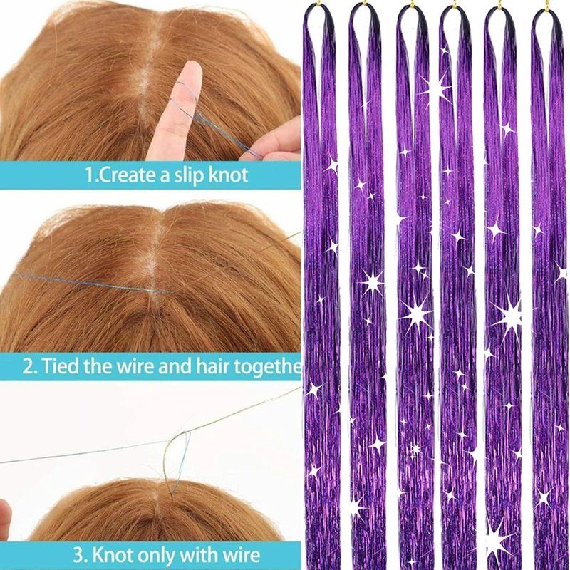 Kit de tinsel púrpura de 6 piezas de 24 pulgadas, extensión de cabello brillante, tinsel de colores para mujer, para fiesta de Navidad, cabello brillante 4