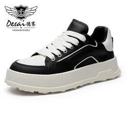 DESAI Genuine Leather Men Casual Walking Shoes For Men Thick Bottom Laces Up Hand Add Color Breathable 2023 Summer New