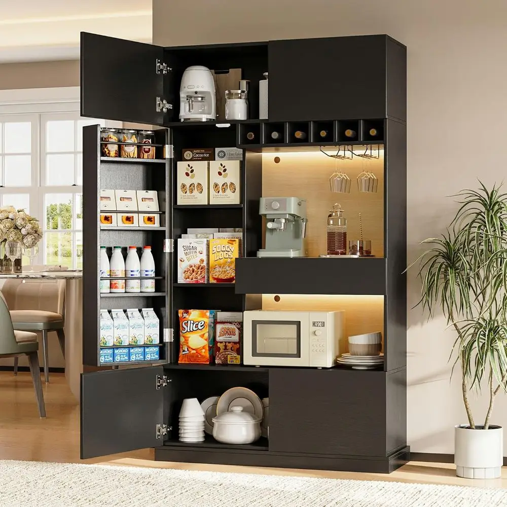 Black 69 Tall Kitchen Storage Cabinet with LED Lights, Microwave Stand, Wine Rack, Adjustable Shelves, and Charging Station