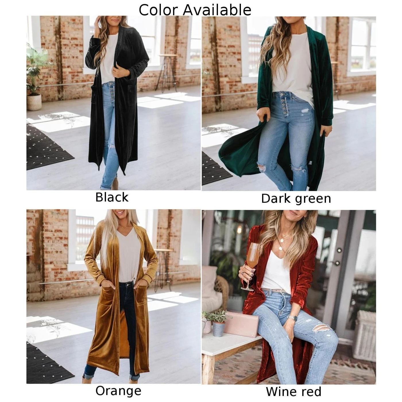 Womens Casual Business Long Jackets  Wine red  Orange  Dark green  Black  Velvet Long Sleeve Blazer Cardigan Outerwear