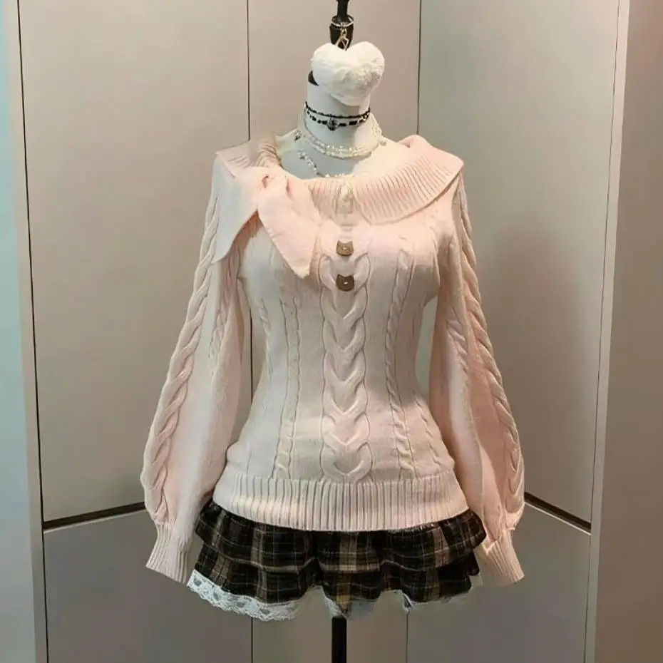 

Новая женская вязаная кофта с отложным воротником-кроличьими ушками, открытыми плечами, длинными рукавами, на пуговицах, однотонная