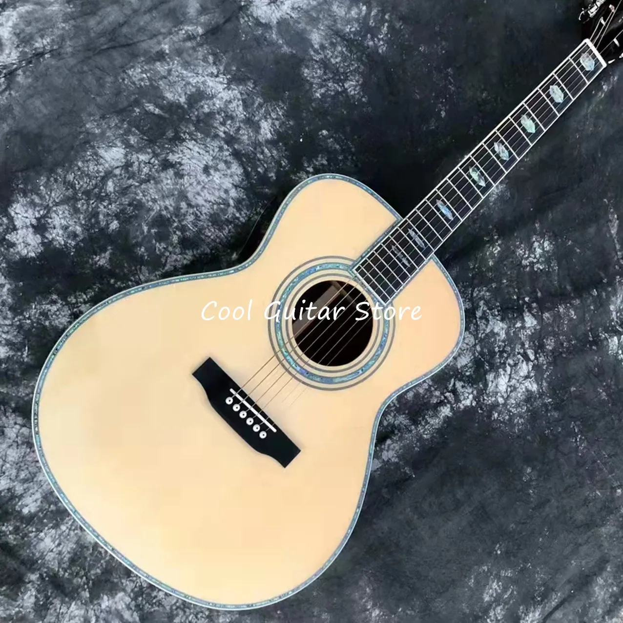 Solid Spruce Top Acoustic Guitar, OM Model,Ebony Fingerboard,Real Abalone Inlay and Binding