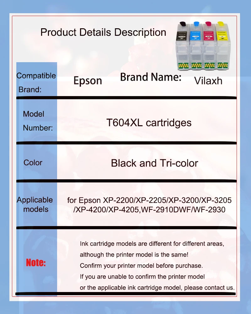 Imagem -02 - Cartucho de Tinta Recarregável Vazio para Epson Arc Chip Xp2200 Xp-2205 Xp3200 Xp-3205 Xp4200 Xp-4205wf-2910dwf Wf-2930 T604xlwith