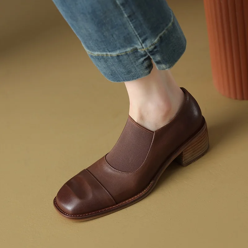 

Women Loafers Cowhide Pumps Cozy Med Heels Spring Autumn Thick Heel Ladies Retro Pumps Slip On Comfort British Loafers