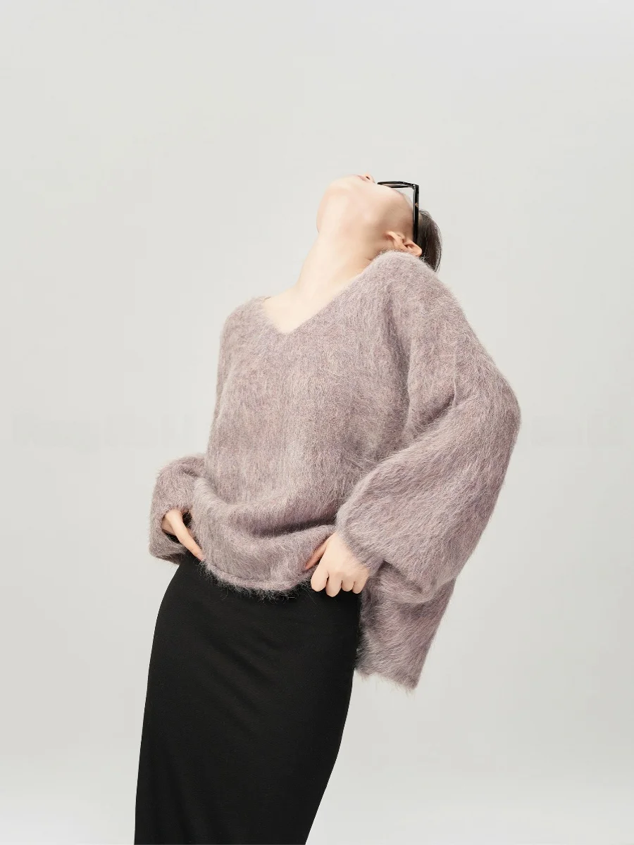 

Soft Purple Lotus Root Vintage oulder Bared Long Sve Women's Knitted Sweater Loose Korean Sle Lazy Faion Autumn Wint...