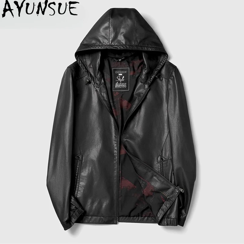 

AYUNSUE новое пальто из натуральной овчины, мужское весенне-осеннее короткое пальто из натуральной кожи с капюшоном, мужская модная тонкая кожаная куртка