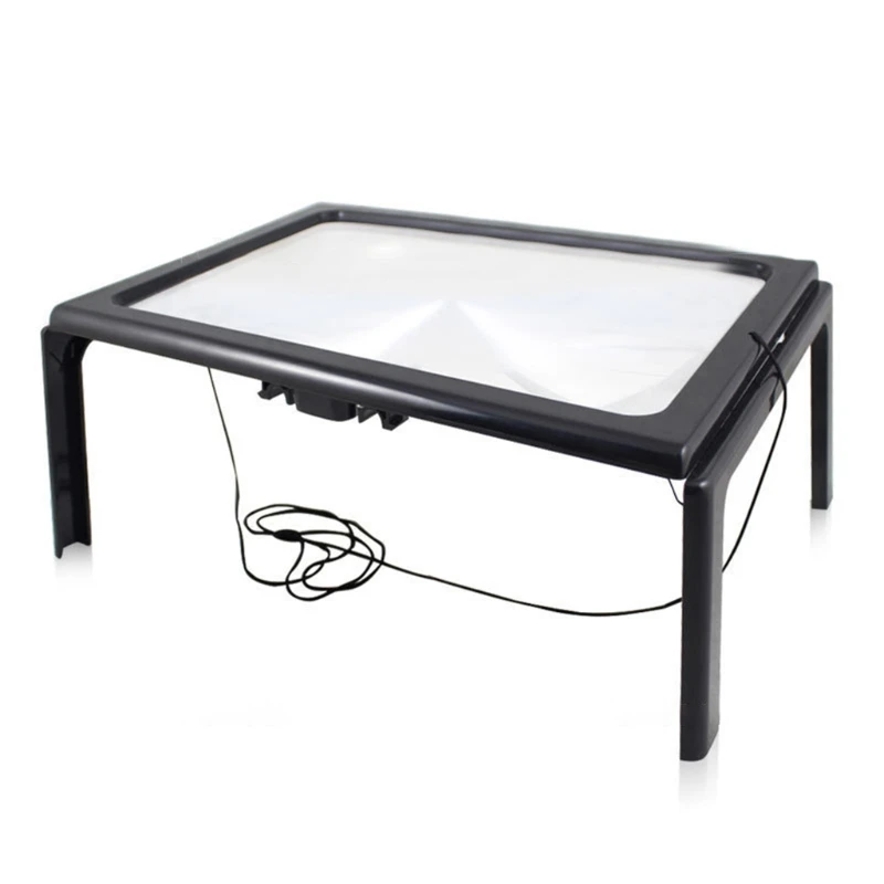 Glass Hands-Free Large Rectangular Desktop Reading Glass with 4 LED 3X Magnifier Full Page