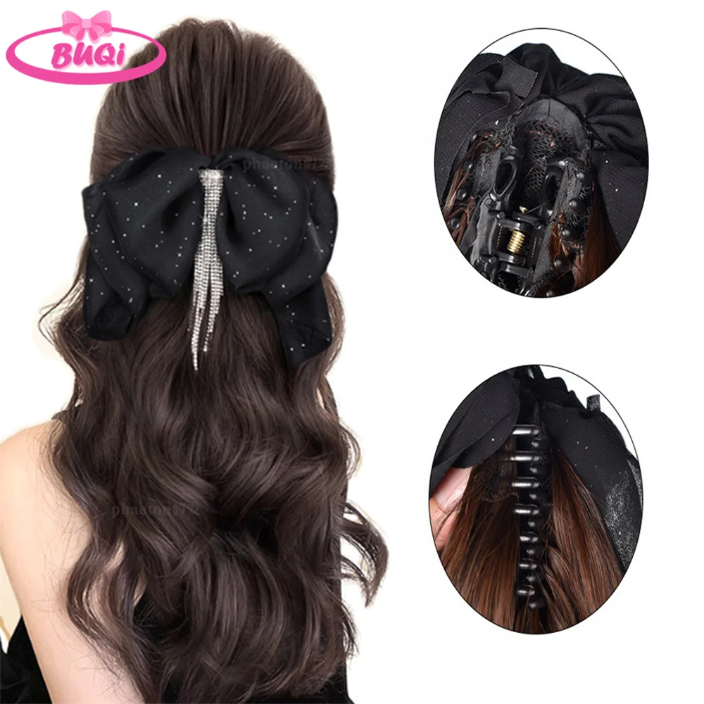 BUQI Tassel Bow Claw Clip Ponytail Temperament Slightly Curly Hair Natural Heat-resistant Chemical Fiber Wig Hair Extesions