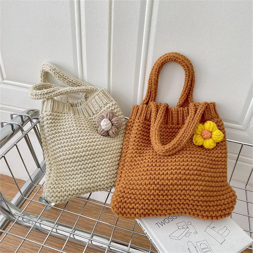 New Fashion Flower Woolen Knitted One Shoulder Handbag for Women Girls Cute Causal Shoulder Tote Bag Commuter Student Wrist Bag