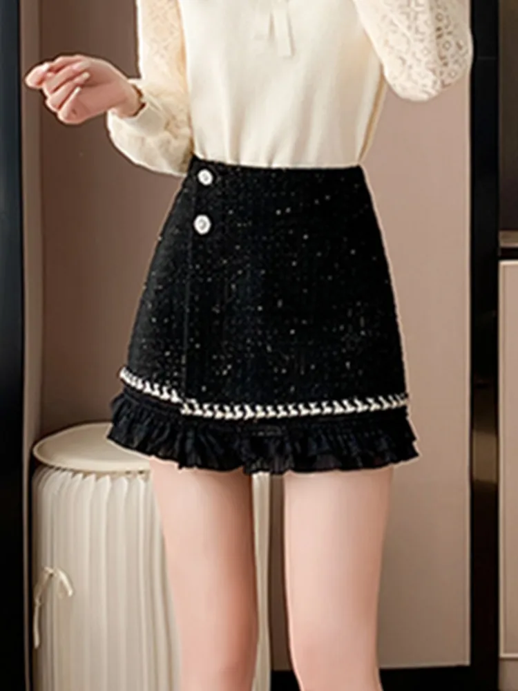 Celebrity Small Fragrant Style Elegant Ladies Lace Spliced Thick Tweed  Skirt Women's High Waist Woolen Mini Skirt Saia Feminina