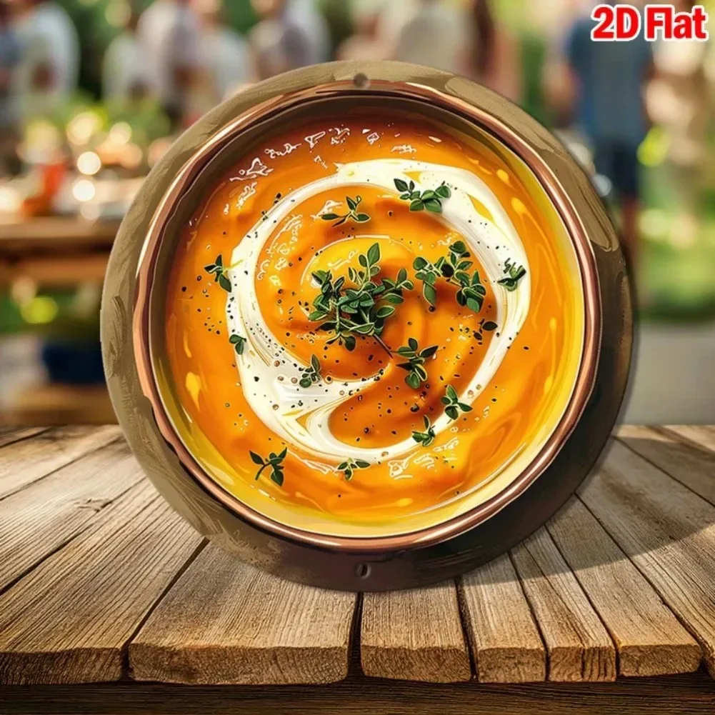 Letrero de pared de aluminio para sopa de verduras cremosas vintage, diseño clásico de pintura al óleo | Ilustración de hierbas frescas y sopa cremosa